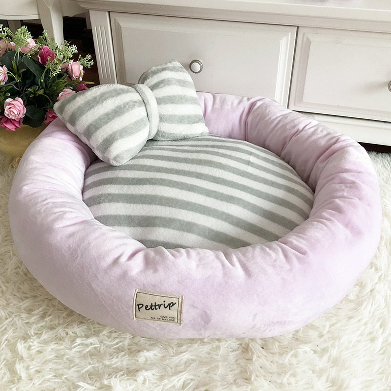 Luxury Kennels Bow Tie Pillow Round Dog Bed Mats Cat Puppy Warm Winter Pet Nest Sofa Cushion Doggy Cat Bedding Double-sided Use