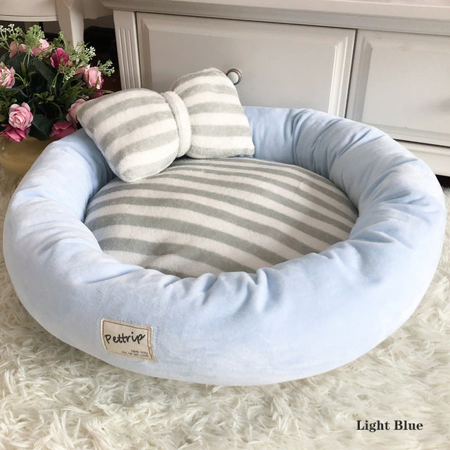 Luxury Kennels Bow Tie Pillow Round Dog Bed Mats Cat Puppy Warm Winter Pet Nest Sofa Cushion Doggy Cat Bedding Double-sided Use